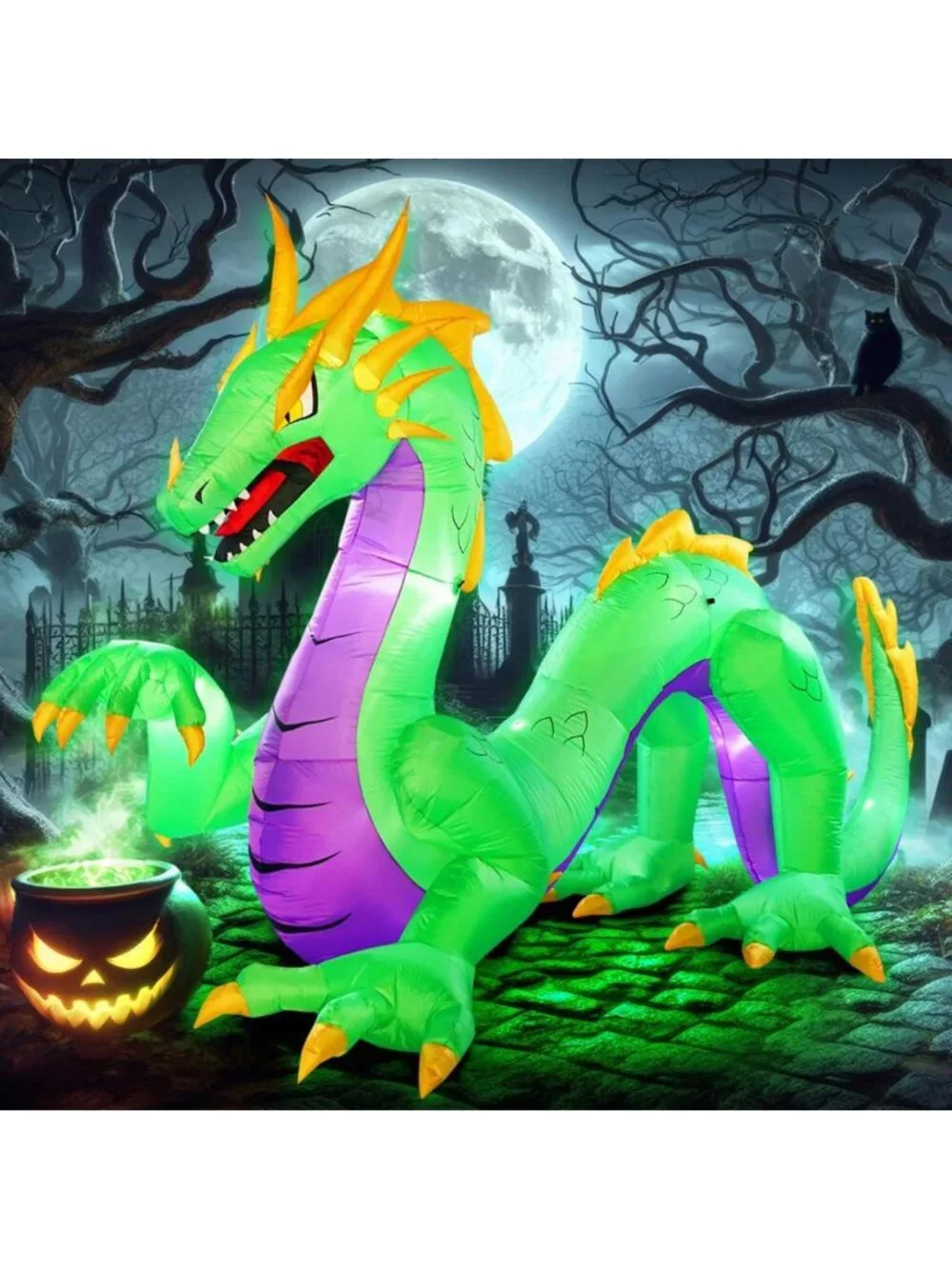Giant 11FT Green Halloween Inflatable Dragon with 5 LED Lights for Outdoor Decor